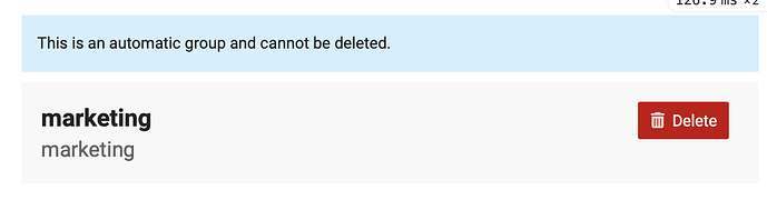 Uma tela de computador mostrando uma mensagem de que o grupo de marketing é um grupo automático e não pode ser excluído. (Legenda por IA)