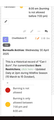 Das Bild zeigt eine mobile Benutzeroberfläche für Burnsafe Archive mit Informationen zu Verbrennungsbeschränkungen, die darauf hinweisen, dass das Verbrennen vor 19:00 Uhr nicht gestattet ist. (Beschriftet von KI)