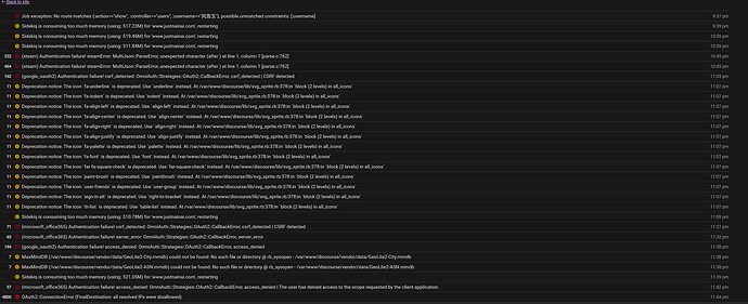 L'immagine è uno screenshot di un'interfaccia terminale che mostra un elenco di messaggi di errore e notifiche. (Sottotitolo generato dall'AI)