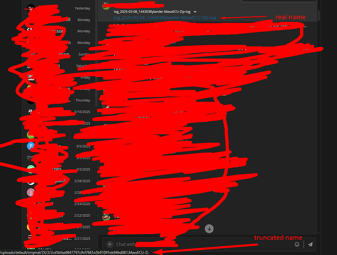O diretório de arquivos exibe vários arquivos de log com um chamado "MaxxECU-Zip-log" e anotações destacando a diferença entre um "nome real" e um "nome truncado". (Legenda da IA)