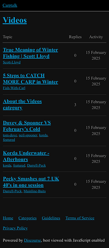 Cette image montre une page web répertoriant 5 titres de vidéos liés à la pêche avec leurs sujets respectifs, le client, la date de l'activité et le nombre de réponses sur Carptalk.com. (Légendé par l'IA)