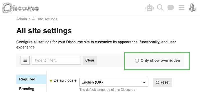 Das Bild zeigt eine Navigationsschnittstelle für „Discourse“ mit einer Option zum Filtern und Zurücksetzen von Einstellungen, die „Alle Website-Einstellungen“ und einen Pfeil anzeigt, der auf ein Dropdown-Menü hinweist. (Beschriftet von KI)