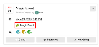 A imagem mostra um evento de calendário intitulado Magic Event agendado para 21 de junho de 2025, às 14:41, criado por alguém chamado Sam. (Legenda por IA)
