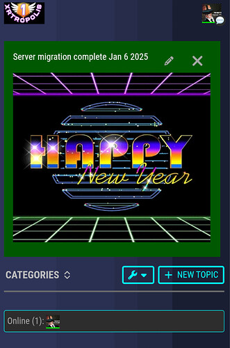 O gráfico exibe um letreiro de neon "Feliz Ano Novo" com o anúncio de uma data de migração de servidor para XRtropolis. (Legenda por IA)