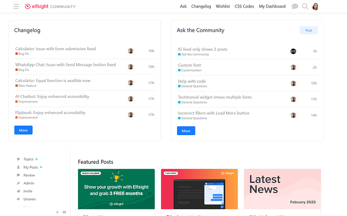 Der Screenshot zeigt einen Ausschnitt aus dem Elfsight-Community-Forum mit Changelogs, Fragen an die Community, einem Seitenmenü und hervorgehobenen Beiträgen, die aktuelle Updates und Artikel hervorheben. (Beschriftet von KI)