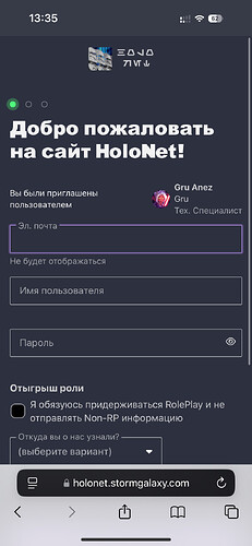 L'immagine mostra una pagina web con un modulo di registrazione russo che invita gli utenti a unirsi a Holonet per la "Responsabilità del gioco" e offre un ruolo di "Festa". (Подпись к изображению от AI)