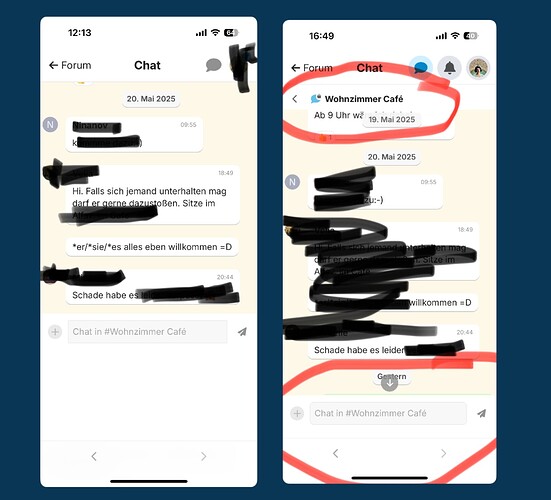 L'image montre deux écrans de discussion sur un smartphone avec des messages concernant le début des cours dans un « Wohnzimmer Café » le 20 mai 2025, mais avec plusieurs instances de texte censuré. (Légendé par IA)