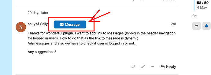 Un utente chiede come aggiungere un link dinamico alla casella di posta dei messaggi nella navigazione dell'intestazione per gli utenti connessi, con una freccia che punta al pulsante "Messaggio", suggerito come possibile soluzione al problema. (Sottotitolato dall'IA)