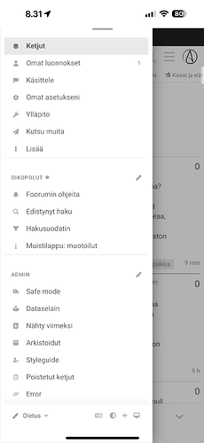 L'image montre un menu mobile ouvert à gauche avec diverses options et paramètres en finnois, à côté d'un arrière-plan flou indiquant une autre page ou application à droite. (Légendé par l'IA)