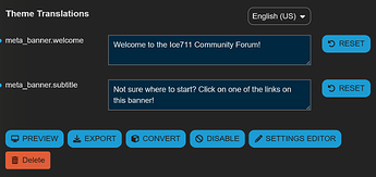 L'immagine mostra un'interfaccia utente per le traduzioni dei temi, con due sezioni etichettate 'eta_banner.welcome' e 'eta_banner.subtitle' con voci di testo in inglese e opzioni per reimpostare, visualizzare in anteprima e modificare. (Sottotitolato dall'IA)
