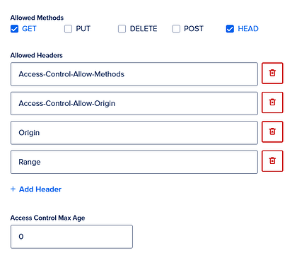 Esta imagem mostra uma interface de documentação de API com os métodos "GET" e "HEAD" marcados, cabeçalhos "Access-Control-Allow-Methods" e "Access-Control-Allow-Origin" ativados e um "0" no campo "Access Control Max Age". (Legenda gerada por IA)