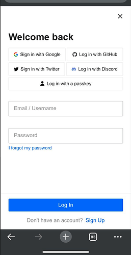 图像显示了一个登录屏幕，提供通过 Google、GitHub、Twitter、Discord、passkey 或电子邮件/用户名和密码登录的选项，如果不存在帐户，则提供注册选项。（由 AI 标注）