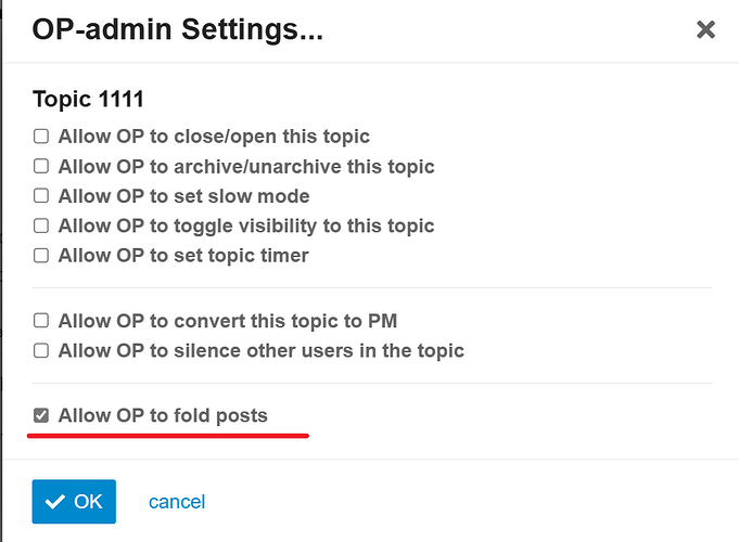 Dies ist ein Screenshot einer Einstellungsseite für einen "OP-Admin" mit verschiedenen Kontrollkästchen und Optionsfeldern, einschließlich Themen zum Zulassen und Ablehnen. (Beschriftet von AI)