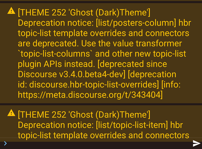 La imagen muestra advertencias sobre elementos de tema obsoletos en [Tema 252 'Ghost Theme'] para el software Discourse, con instrucciones para usar nuevas API y proporciona un enlace para más detalles. (Subtitulado por IA)