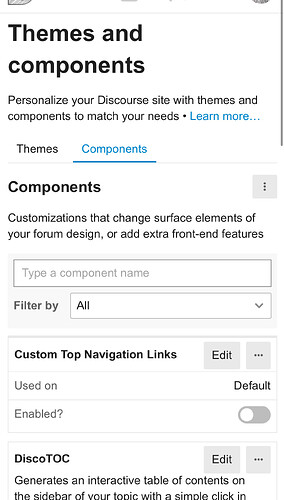 This image shows a settings page for customizing a Discourse site, specifically focusing on components such as "Custom Top Navigation Links" and "DiscoTOC." (Captioned by AI)