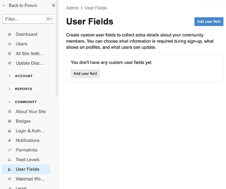 Empty user fields page