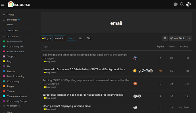 This image shows a screenshot of the Discourse forum, specifically the "email" topic section, with various posts related to bugs and issues with email functionality, including metrics and composition of error messages. (Captioned by AI)