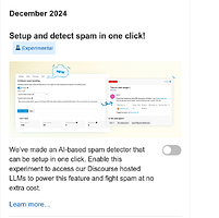 L'immagine pubblicizza uno strumento di rilevamento spam basato sull'IA sviluppato nel dicembre 2024 che può essere configurato in un clic, consentendo agli utenti di rilevare e segnalare lo spam senza costi aggiuntivi. (Sottotitolato dall'IA)