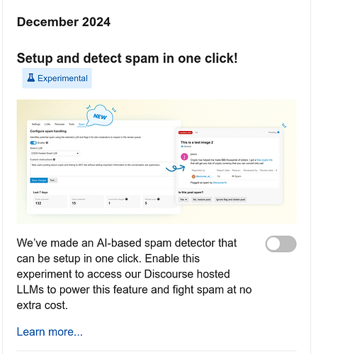L'immagine pubblicizza uno strumento di rilevamento spam basato sull'intelligenza artificiale sviluppato nel dicembre 2024 che può essere configurato con un clic, consentendo agli utenti di rilevare e segnalare lo spam senza costi aggiuntivi. (Didascalia dell'IA)