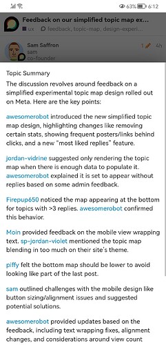 Cette image semble être un résumé ou des notes d'une discussion en ligne ou d'une session de feedback portant sur un design de carte thématique expérimental simplifié et le feedback reçu à ce sujet de divers participants. (Légendé par l'IA)