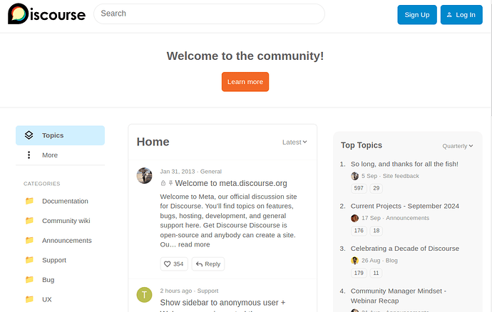 L'immagine mostra uno screenshot del sito web di Discourse, con un messaggio di benvenuto e un menu di navigazione. (Sottotitolato dall'IA)