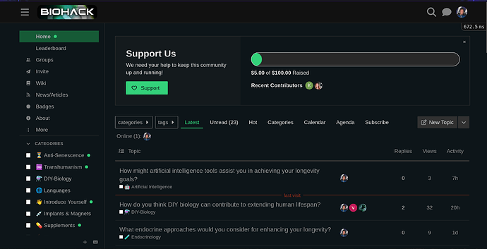 La imagen muestra una interfaz de usuario del foro BIOHACK destacando una función "Apóyanos" con una barra de recaudación de fondos de $5.00 de $100, y hilos de discusión activos relacionados con la mejora de la longevidad. (Subtitulado por IA)
