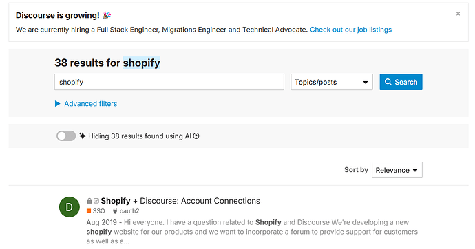 Esta imagem mostra uma página de resultados de pesquisa do Google para 'hopify', listando vários tópicos e postagens sobre a integração do Shopify no Discourse, incluindo ofertas de emprego. (Legenda por IA)