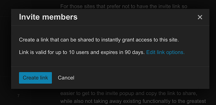 The image shows a screenshot of a settings page, specifically a dialog box titled "Invite members" with a blue "Create link" button. (Captioned by AI)