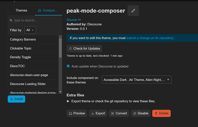 该图片显示了 Chrome 网上应用店中一个名为“peak-mode-composer”的黑色主题页面，作者是 Discourse，版本为 0.0.1。（由 AI 题注）