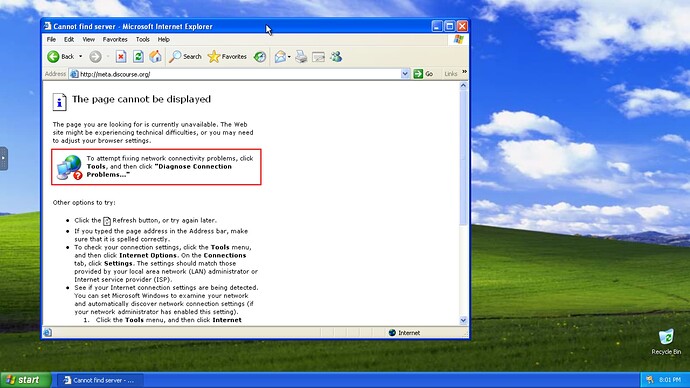 L'immagine mostra una finestra con Internet Explorer che visualizza un messaggio di errore relativo a una pagina non visualizzabile con l'opzione per diagnosticare i problemi di connessione evidenziata in rosso. (Didascalia dell'IA)