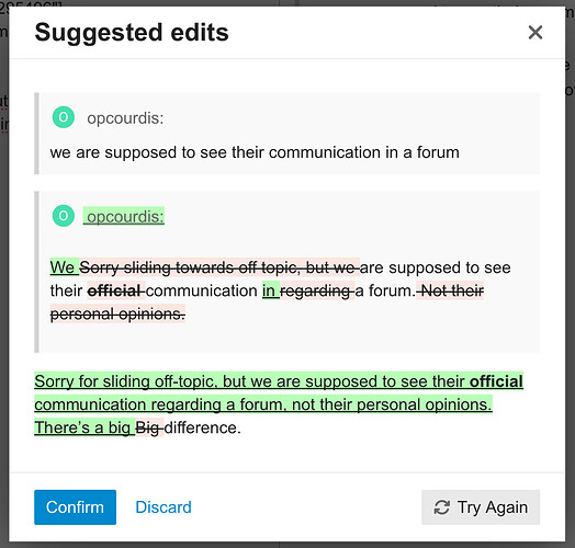 A imagem mostra uma sugestão para editar texto relacionado à comunicação de fórum. (Legenda por IA)