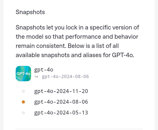 Das Bild listet verfügbare Snapshots und Aliase für das GPT-4o-Modell auf und hebt spezifische Versionsdaten und Leistungskonsistenz hervor. (Beschriftet von KI)