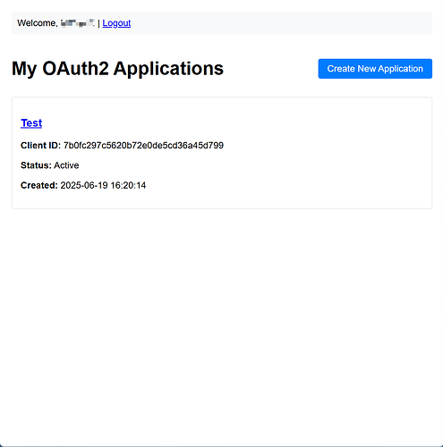Esta imagem mostra uma captura de tela da interface de um aplicativo de software exibindo aplicativos OAuth2 com um único aplicativo ativo chamado 'Test', juntamente com seu ID de cliente, status e data de criação. (Legenda por IA)