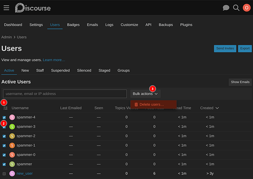 A screenshot of the user management page from the Discourse platform, showing various user information and options for actions such as viewing, managing, sending invitations, and exporting data. (Captioned by AI)