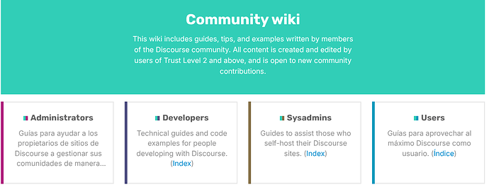 This image is a section of a Discourse community wiki, featuring sections for administrators, developers, sysadmins, and users, with a note that content is created by members with a Trust Level of 2 and above, and open to contributions. (Captioned by AI)