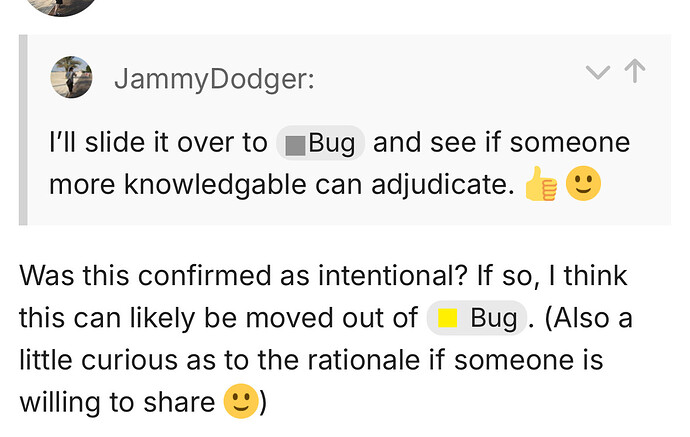 Ein Screenshot einer Messaging-App, der eine Konversation über die mögliche Verlagerung einer Diskussion aus einer „Bug“-Kategorie und die Suche nach Begründungen für eine Entscheidung zeigt. (Beschriftet von KI)