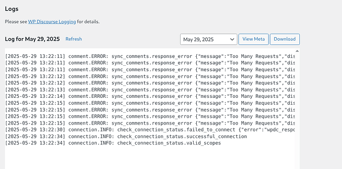 This image shows a web application log displaying multiple "Too Many Requests" errors in the comment system for multiple timestamps on May 29, 2025. (Captioned by AI)