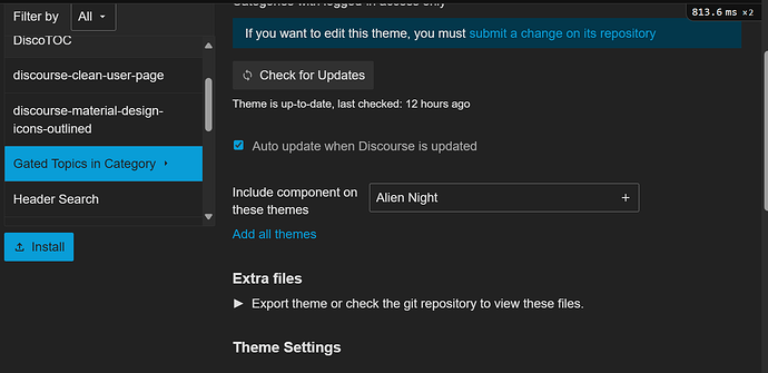 L'immagine è un'interfaccia software a tema scuro che mostra i dettagli di un tema intitolato "Alien Night", inclusi lo stato dell'ultimo aggiornamento controllato, l'opzione di aggiornamento automatico e un pulsante di installazione, insieme a opzioni di file simili a temi e impostazioni aggiuntive. (Sottotitolato dall'IA)