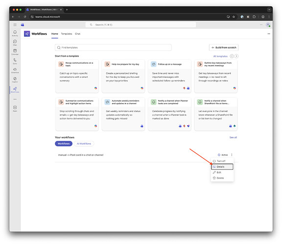 Hacer clic en la elipsis vertical -> "Detalles" para abrir los detalles del flujo de trabajo.
