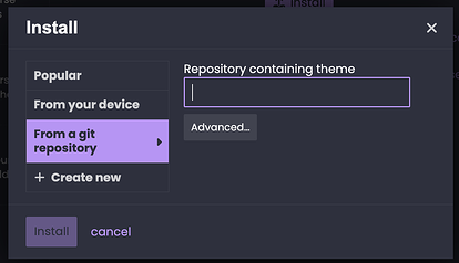 The image shows a graphical user interface with a dark theme, displaying an installation dialog for a repository containing theme.  (Captioned by AI)