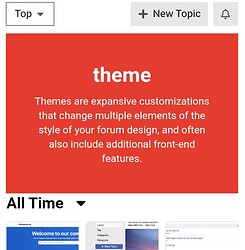 Das Bild zeigt einen Screenshot einer Webseite mit einem Benutzeroberflächenelement mit der Bezeichnung „Top“ und einer Schaltfläche „+ Neues Thema“, über einer hervorgehobenen Definition des Wortes „Theme“, die erklärt, dass Themes umfangreiche Anpassungen sind, die mehrere Elemente eines Forumdesigns ändern und zusätzliche Front-End-Funktionen enthalten können. (Beschriftet von KI)