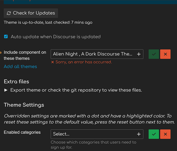 Questa immagine mostra un menu delle impostazioni del tema con un messaggio di errore che indica "Alien Night, A Dark Discourse The..." e diverse opzioni per aggiungere o rimuovere componenti, insieme a opzioni per abilitare/disabilitare categorie ed esportarle o reimpostarle. (Didascalia dell'IA)