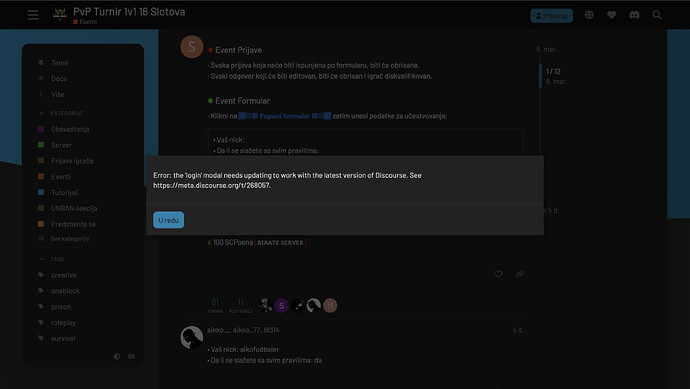 La imagen muestra un diálogo de Slack con un mensaje de error sobre un modelo de inicio de sesión obsoleto que necesita actualizarse para funcionar con la última versión de Discord. (Subtitulado por IA)