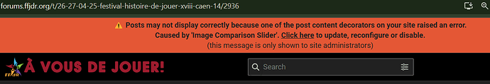 Uma mensagem de erro exibida em um site indica que as postagens podem não ser exibidas corretamente devido a um problema com um 'Image Comparison Slider' e sugere atualizá-lo, reconfigurá-lo ou desativá-lo. (Legenda gerada por IA)