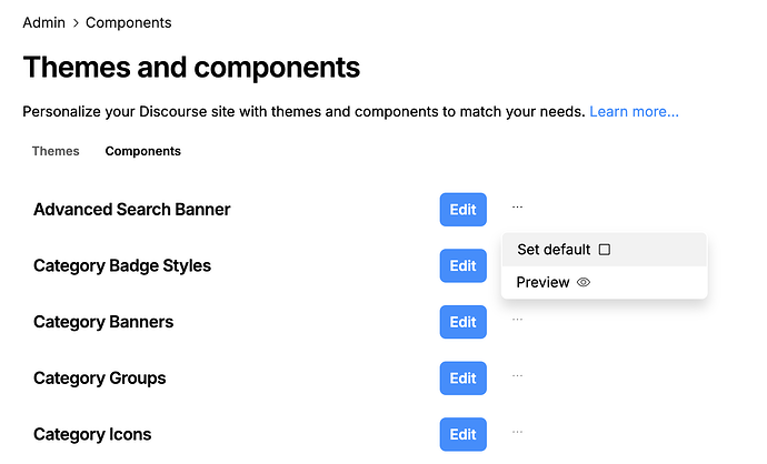 Options du menu contextuel pour chaque composant.