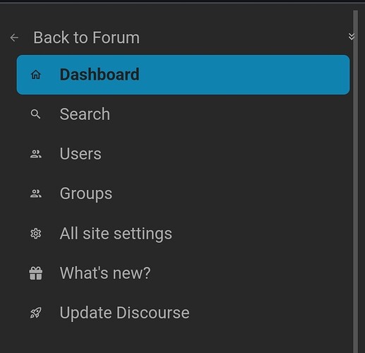 L'image montre un menu latéral d'un site web proposant des options telles que Tableau de bord, Recherche, Utilisateurs, Groupes, Tous les paramètres du site, Quoi de neuf ? et Mettre à jour Discourse. (Légendé par l'IA)