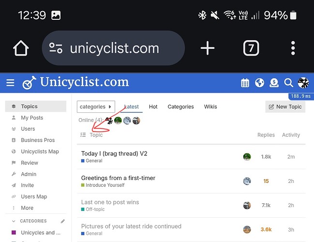 This image shows a screenshot of the mobile website unicyclist.com displaying its navigation menu and forum categories, including Online, General, Introduce Yourself, and Introduction for New bic. (Captioned by AI)