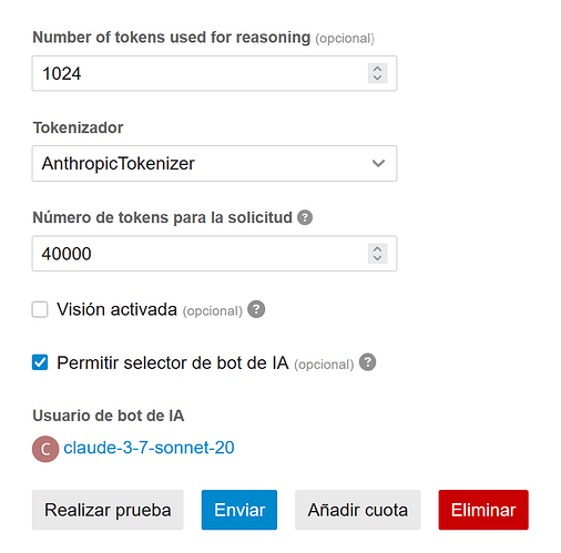 Esta imagem mostra uma página de configuração para configurar um modelo de IA com opções de raciocínio, tokenizador GPT-4, limites de tokens, ativação de visão e parâmetros de uso de IA de bot. (Legenda por IA)