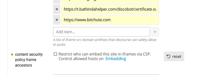 A imagem mostra uma página de configurações ou interface para gerenciar prefixos de domínio de origem de iframe permitidos, onde dois URLs de domínio (https://t.bathindahelper.com/discobot/certificate.sv e https://www.bitchute.com) foram adicionados, e uma opção para restringir quem pode incorporar sites via Content Security Policy (CSP) frame ancestors. (Legenda por IA)