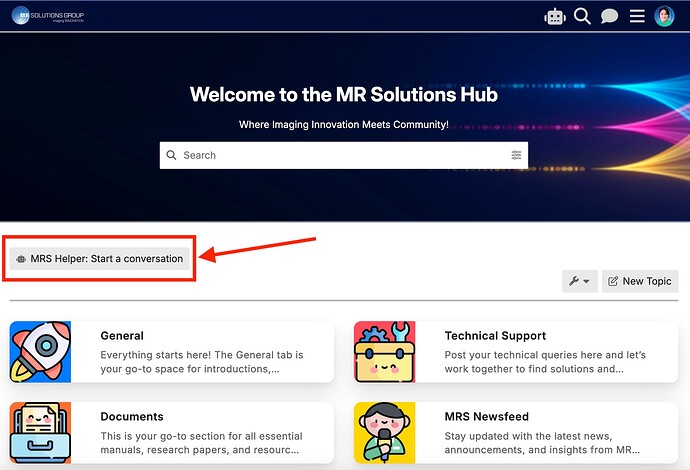 This image shows a screenshot of the MR Solutions Hub, featuring a chat option labeled MRS Helper: Start a conversation. (Captioned by AI)
